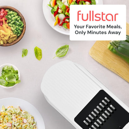 Fullstar Gemüsehacker und Mandolinenschneider - Julienne-Schneider, Würfelschneider, Reibe für Lebensmittel, Gemüse, Zwiebeln, Gurken, Tomaten, Salat, Kartoffeln, Käse - Küchenutensilien & Gadgets (Kompakt 6-in-1, Weiß)