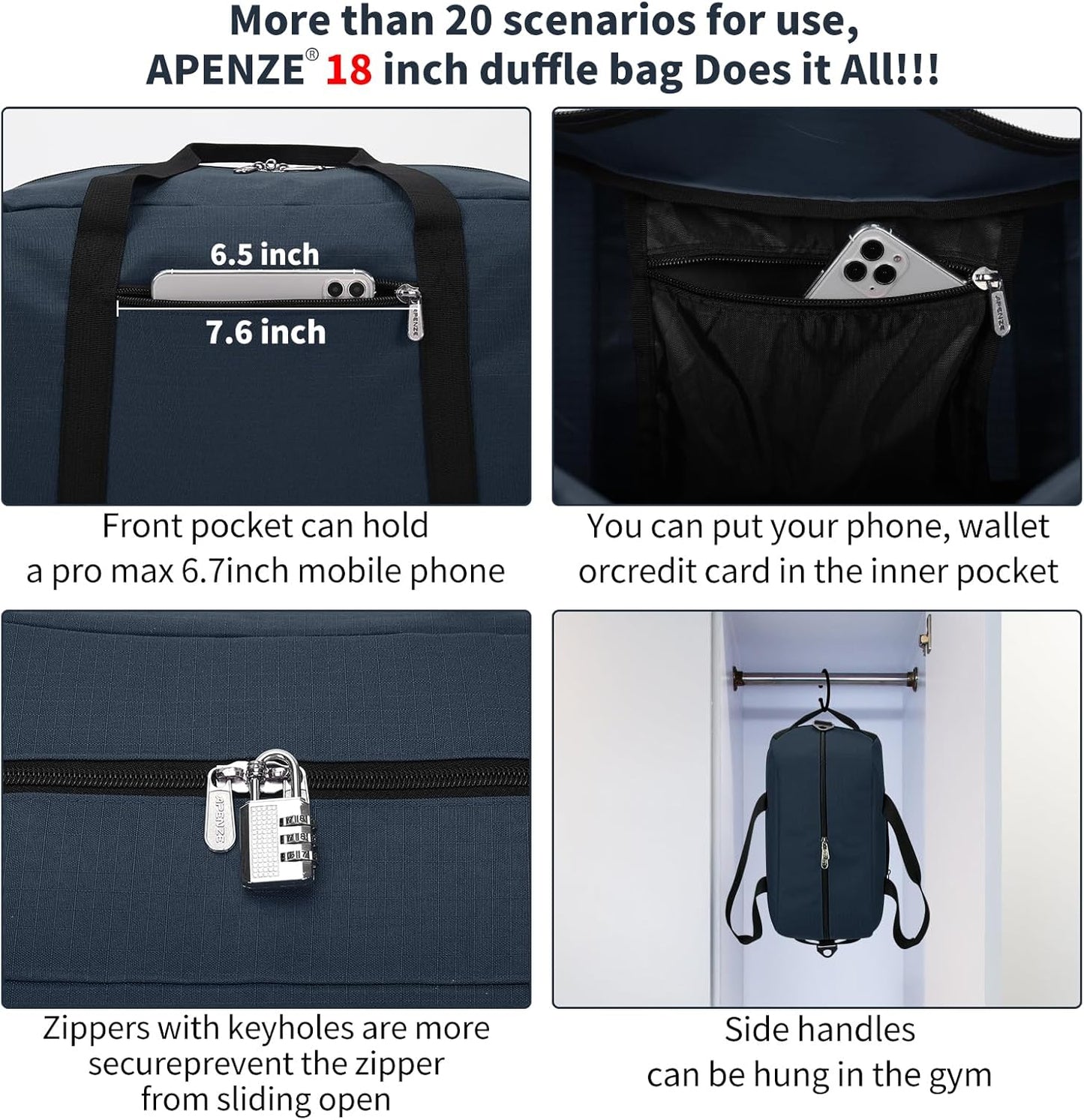 Kleine Sporttasche 18 Zoll Handgepäck Reisetasche für Wochenendtrips Sport-Schwarz
