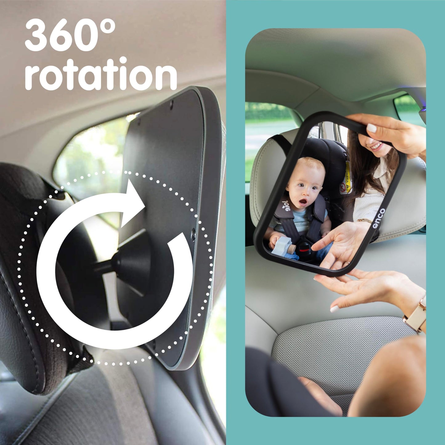 Onco Baby-Autospiegel für nach hinten gerichtete Kindersitze (2 Stück) – 100 % bruchsicher & rüttelfest, preisgekrönter konvexer Autospiegel für Babys mit 360°-Drehung, Neugeborenen-Essentials (24,4 x 17,5 cm)
