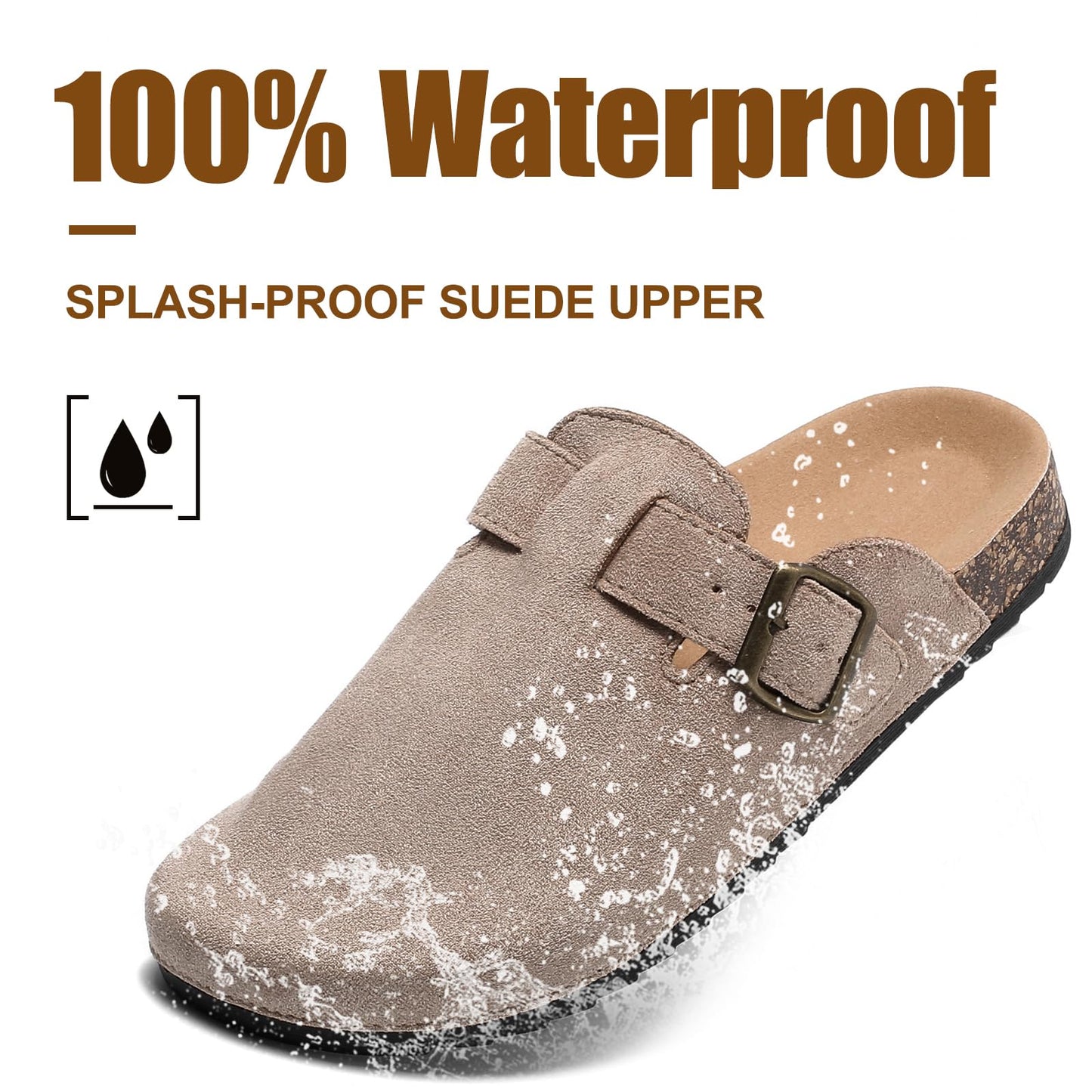 YorFotMae Women's Suede Clogs Mens Leather Mules Comfort Cork Footbed Antislip House Sandals Arch Support Potato Shoes with Adjustable Buckle
