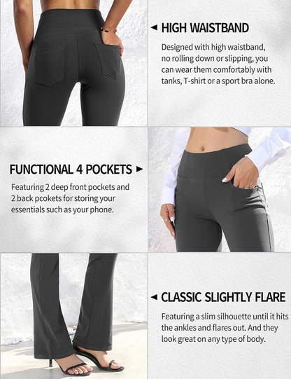 VOOVEEYA Lässige Bootcut Yoga-Hose für Damen, 4 Taschen – Schlagleggings, High Waist, Bauchkontrolle, Bootleg-Arbeitshose
