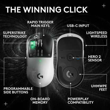 Logitech G PRO X2 SUPERSTRIKE Wireless Gaming Mouse: Customizable Rapid Trigger Magnetic Analog Switches, Adjustable Click Haptics, 61g Ultra Lightweight, USB-C, <8K Polling, for PC/Mac - Black/White