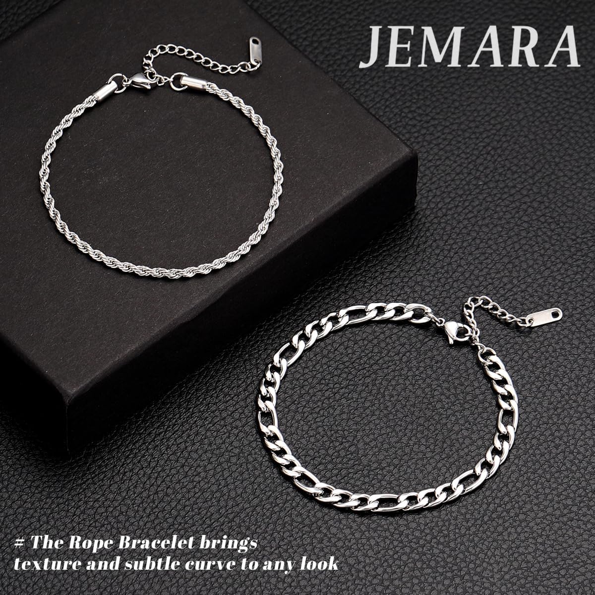 3 Stück Herren Silber Armbänder, robustes Curb Edelstahl Breite Schlangenkette Figaro Cuban Armband Set 7/7.8+1.2 Zoll verstellbares Stapel-Silberkettenarmband für Männer