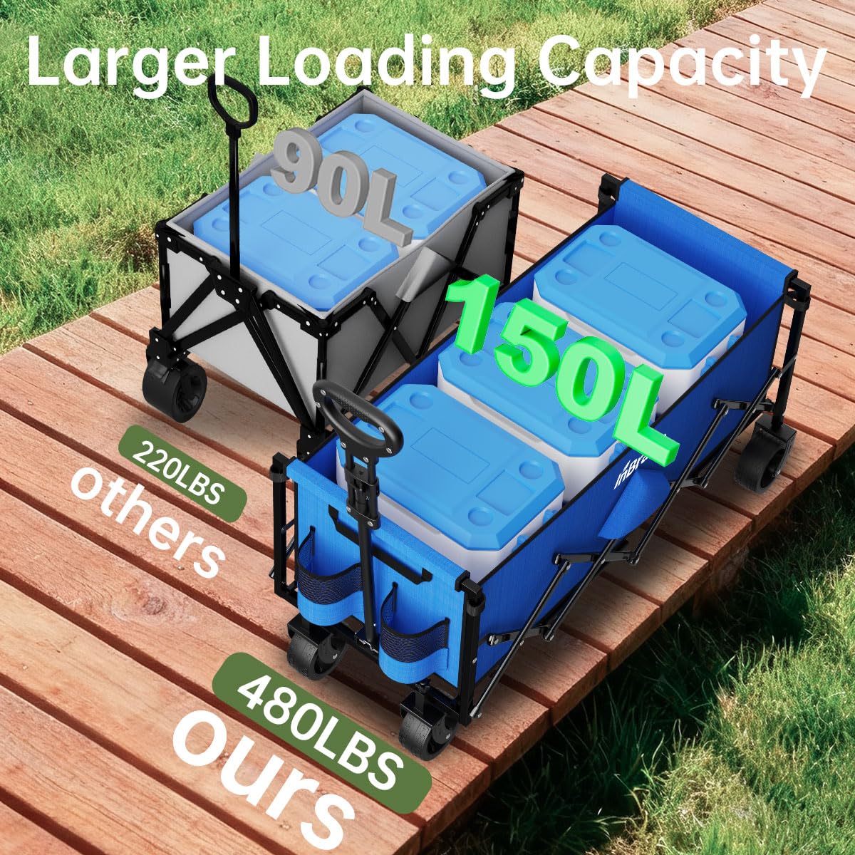 Extra Long Collapsible Wagon Cart, 480LBS Heavy Duty Utility Wagons with All-Terrain Wheels, Foldable Grocery Carts for Gardening, Shopping, Beach, Camping, Black