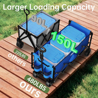 Extra Long Collapsible Wagon Cart, 480LBS Heavy Duty Utility Wagons with All-Terrain Wheels, Foldable Grocery Carts for Gardening, Shopping, Beach, Camping, Black