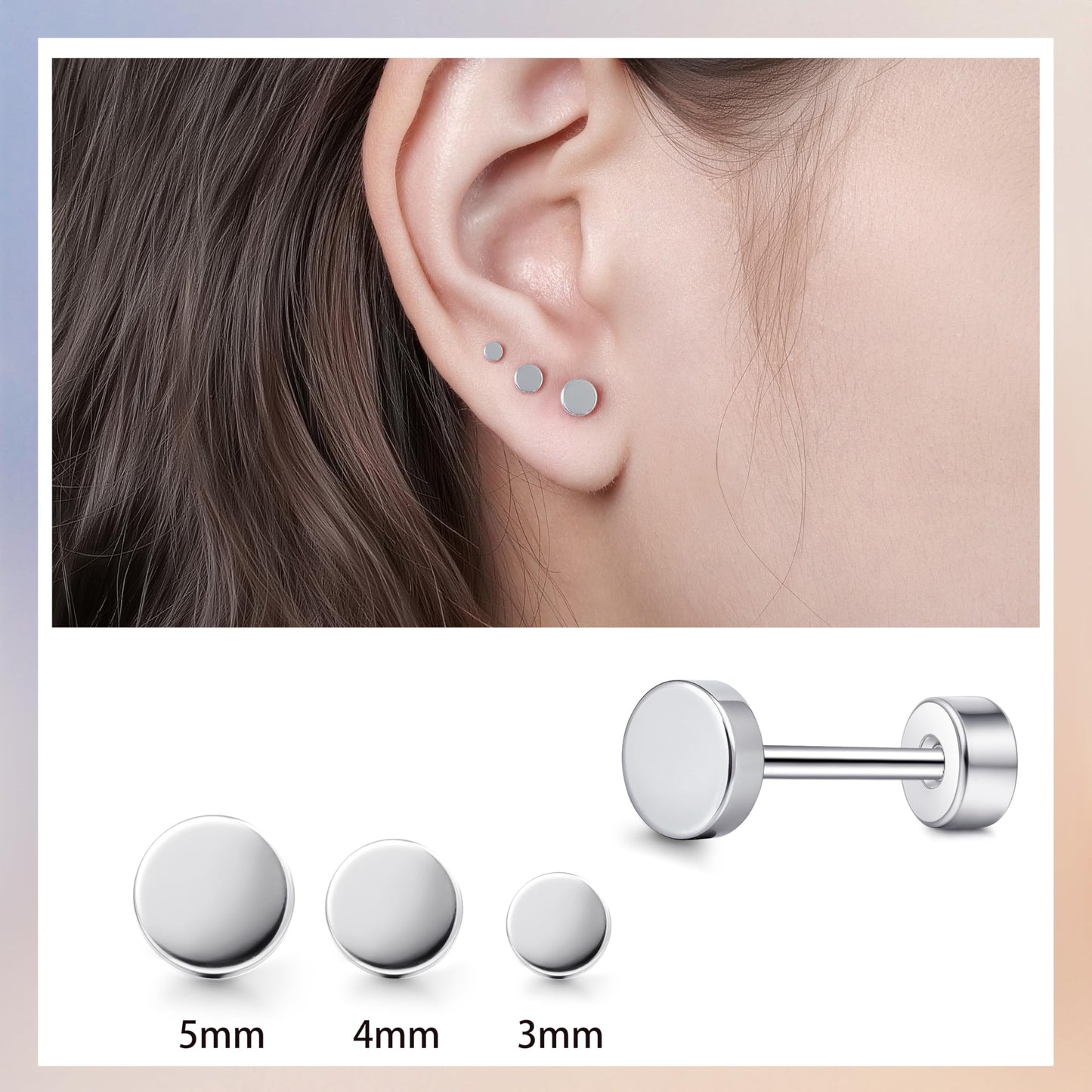 TitanHeart Hypoallergene Titan Ohrstecker Schraubverschluss Flachpunkt-Ohrstecker 3mm-5mm Einfache Klassische Helix Tragus Knorpel Ohrläppchen Ohrstecker für Frauen Männer (Schwarz, 5mm)