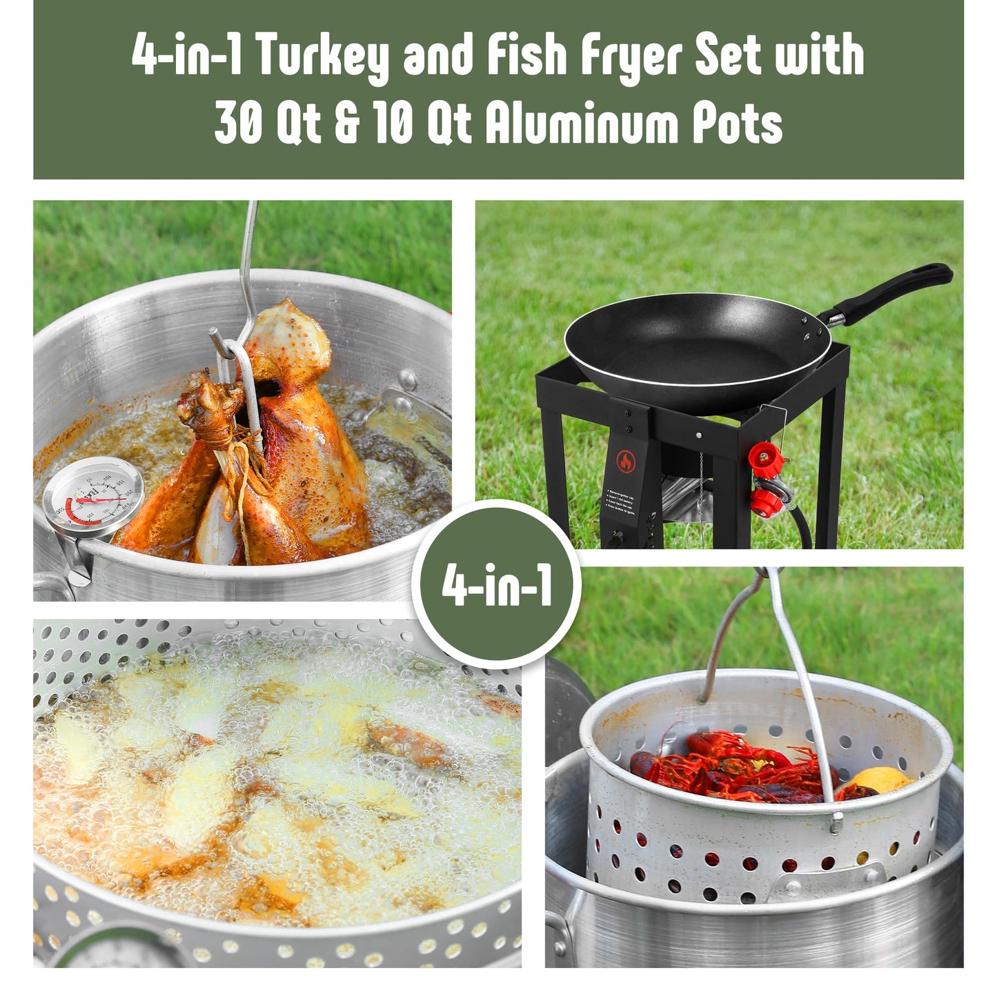 Feasto 10 Qt Outdoor Propane Gas Fish Fryer Pot Kit with Strainer Basket | Aluminum, 50,000 BTU Burner, Adjustable 0-5 PSI Regulator, Perfect for Boiling and Frying
