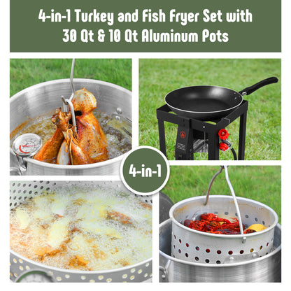 Feasto 10 Qt Outdoor Propane Gas Fish Fryer Pot Kit with Strainer Basket | Aluminum, 50,000 BTU Burner, Adjustable 0-5 PSI Regulator, Perfect for Boiling and Frying
