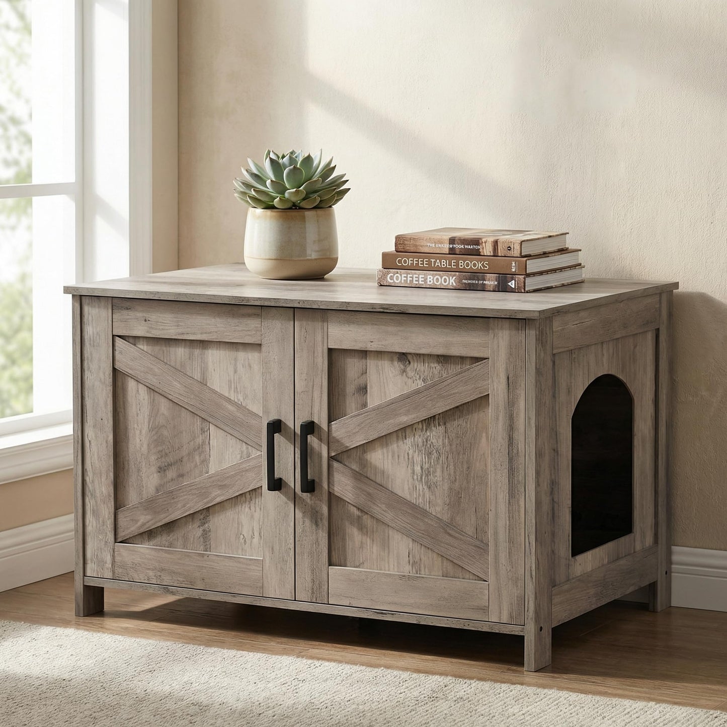 Homhedy Cat Litter Box Enclosure, Wooden Cat Washroom Furniture with Barn Door, Pet House, Fit Most of Litter Box, White