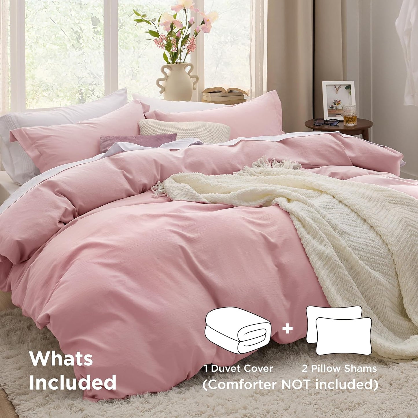 Funda nórdica blanca Bedsure, tamaño Queen, 3 piezas, aspecto de algodón prelavado, juego de cama extrasuave, incluye 1 funda nórdica de 228 x 228 cm con cierre de cremallera y 2 fundas de almohada, edredón no incluido