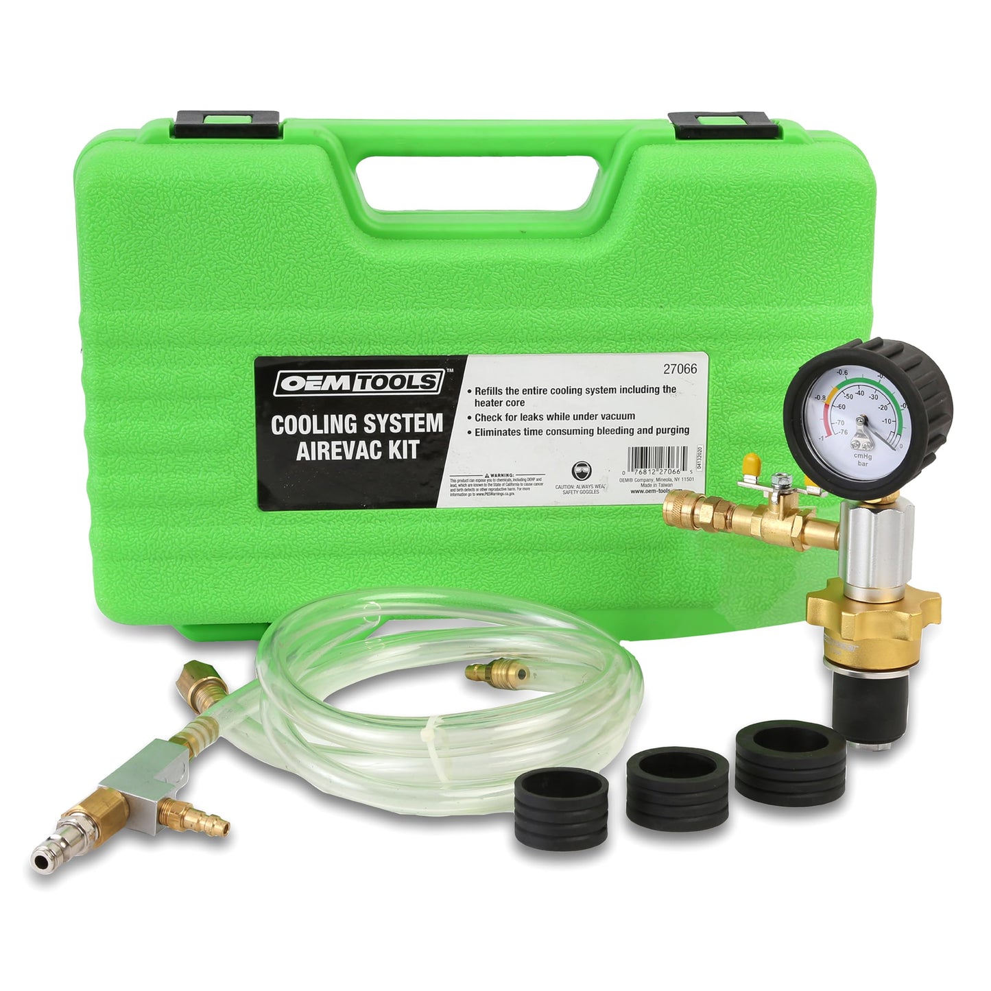 OEMTOOLS 24444 Coolant Vacuum Refill Kit, Coolant Pressure Tester Kit, 70–110 PSI Working Pressure, 5 Bushings, 1 Tapered Cone Adapter, Vacuum Leak Detector, Pressure Tester for Coolant System