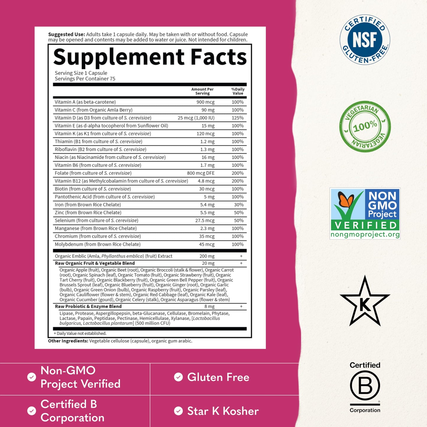 Garden of Life Vitamin Code Raw One for Women, Once Daily Women's Multivitamin - 75 Capsules, One a Day Vitamins Whole Food Iron, Probiotics for Digestive Health, Gluten Free Vegetarian, (Pack of 6)