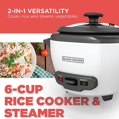 BLACK+DECKER 2-in-1 Reiskocher & Dampfgarer – 6 Tassen Fassungsvermögen, automatische Warmhaltefunktion, antihaftbeschichtete Schüssel, Dampfgareinsatz – Müheloses Kochen