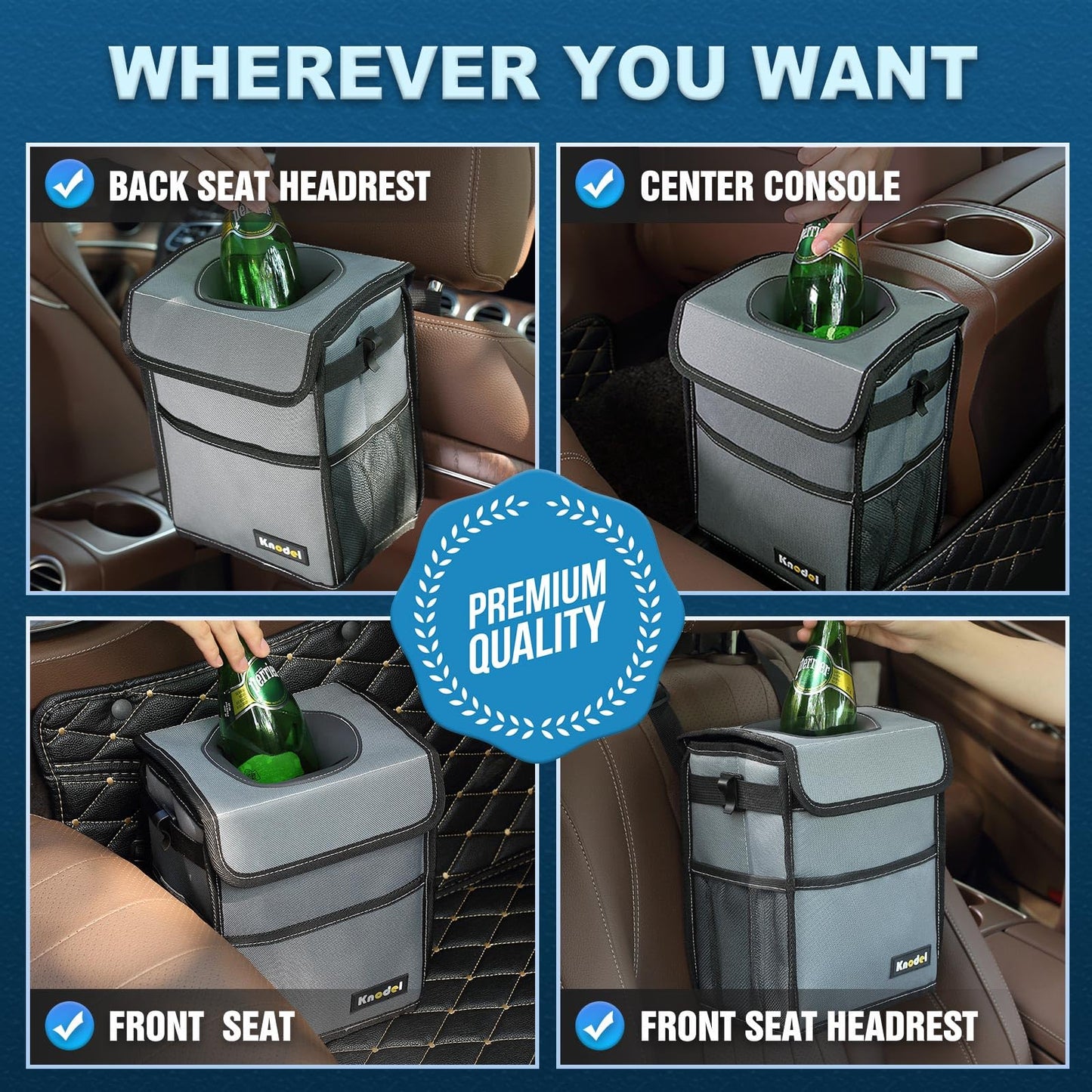 K KNODEL Car Trash Can, Waterproof Auto Garbage Can, Car Trash Can with Lid, Leak-Proof Car Storage Bag, Car Bin Hanging (Medium, Black)