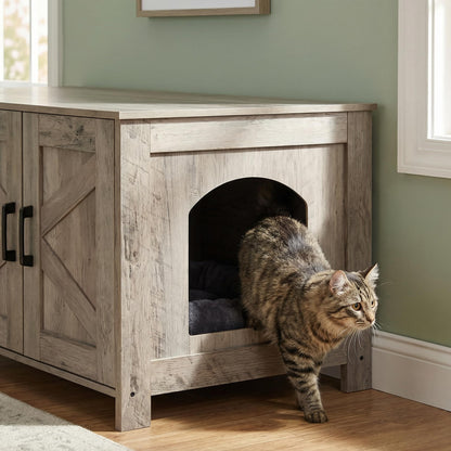 Homhedy Cat Litter Box Enclosure, Wooden Cat Washroom Furniture with Barn Door, Pet House, Fit Most of Litter Box, White