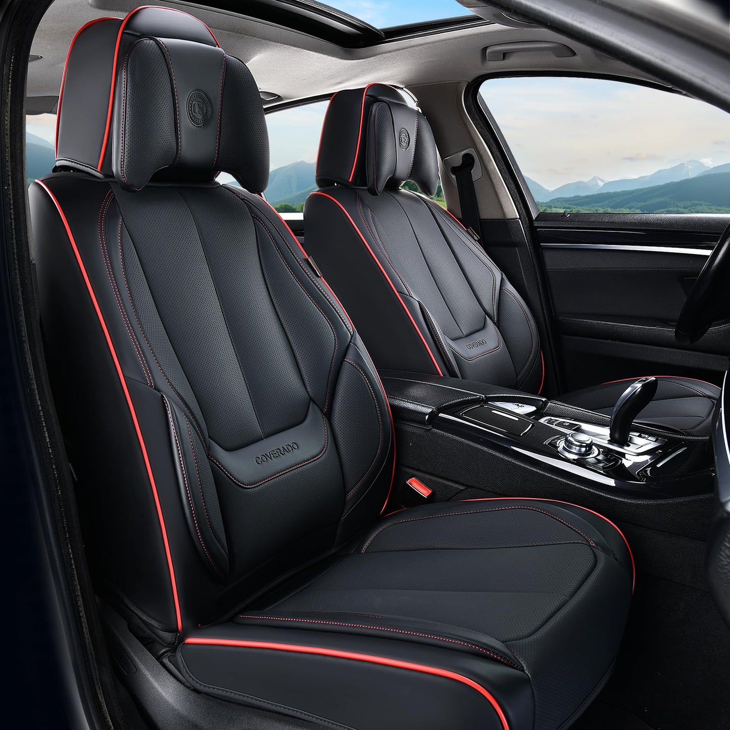 Coverado Car Seat Covers 5 Pieces, Full Set Universal Seat Covers for Cars, Waterproof Nappa Leather Auto Seat Protectors with Head Pillow, Car Interiors Fit for Most Sedans SUV Pick-up Truck, Black