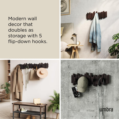 Umbra Sticks Wall-Mounted Coat Rack Rail Hook with 5 Retractable Pegs – Modern, Space-Saving Storage Organizer, Black