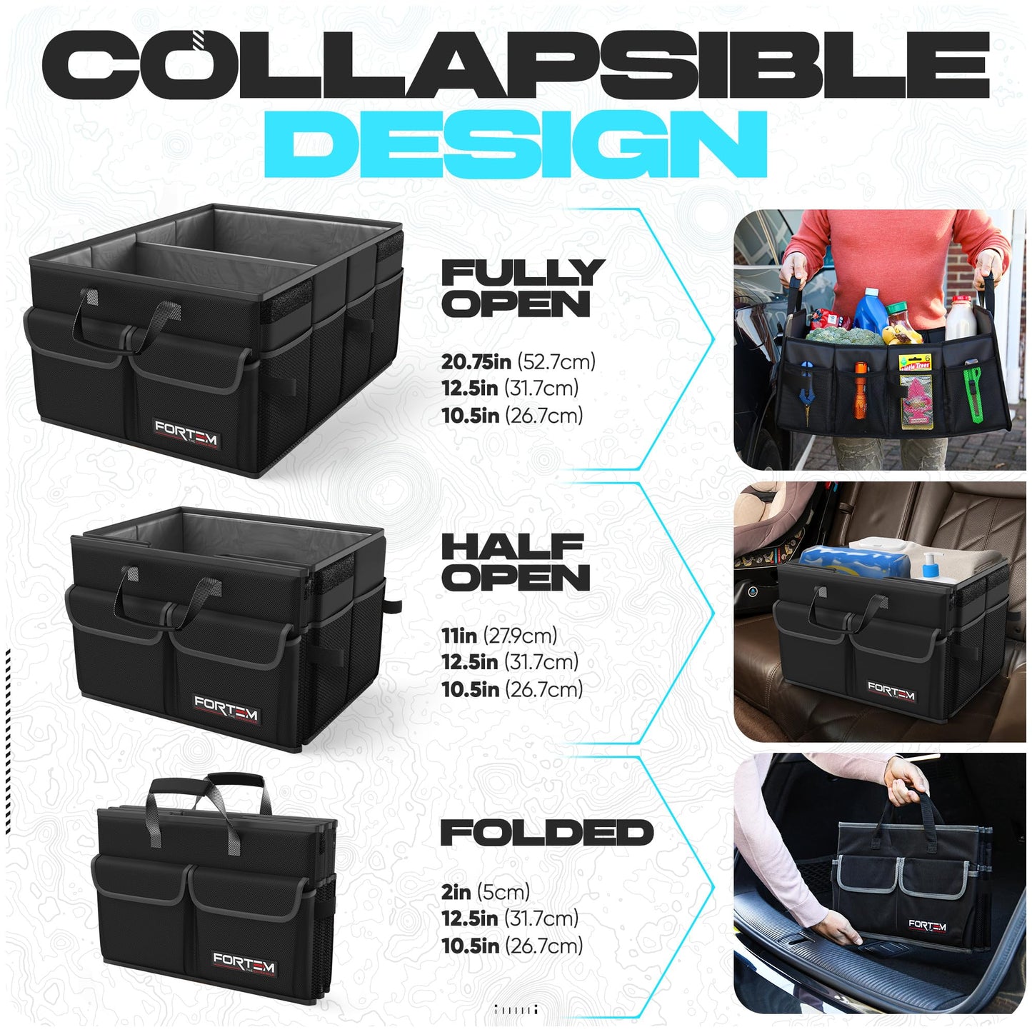 FORTEM Car Trunk Organizer, Collapsible Multi Compartment Car Organizer, Foldable SUV Storage for Car Accessories for Women Men, Non Slip Bottom, Securing Straps, Soft Cover 50L (Black, Standard)