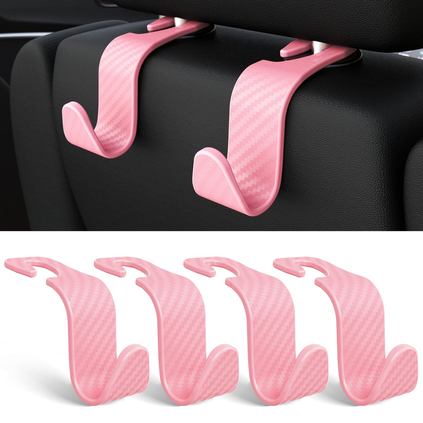 Amooca 4-Pack Car Headrest Hooks Vehicle Storage Organizer for Purses Handbags Groceries Backpack Coats –Holds 55lbs 360° Rotating Black