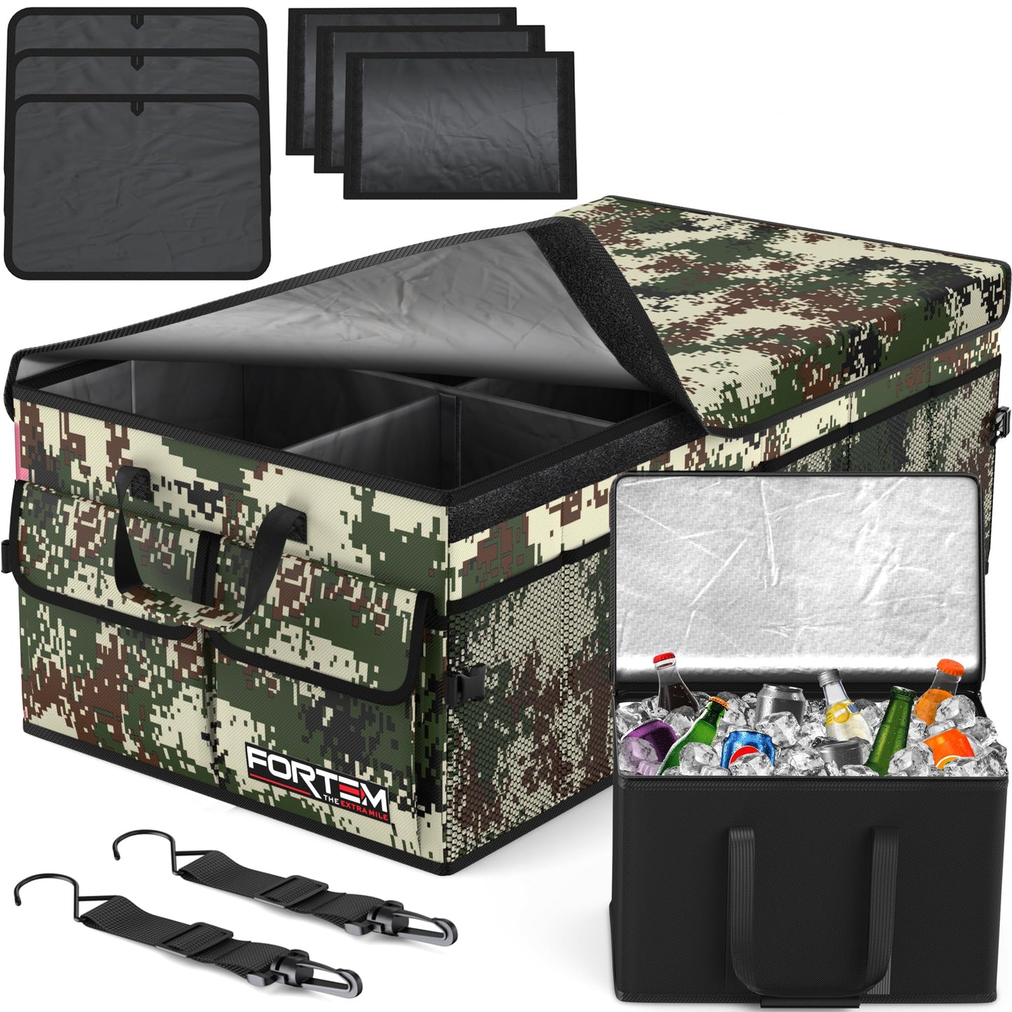 FORTEM Car Trunk Organizer, Collapsible Multi Compartment Car Organizer, Foldable SUV Storage for Car Accessories for Women Men, Non Slip Bottom, Securing Straps, Soft Cover 50L (Black, Standard)