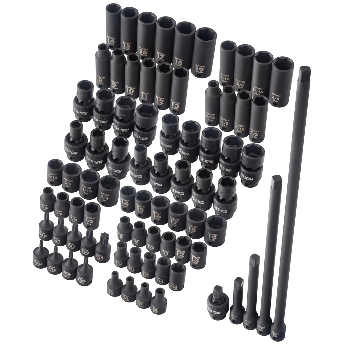 SUNEX Tools 80 Piece 3/8 in. Drive Master Impact Socket Set, Universal, Star, External Star, Extensions, Universal Joint, SAE and Metric, 8mm to 19mm and 5/16 in. to 3/4 in., CR-MO Steel, Model 3580