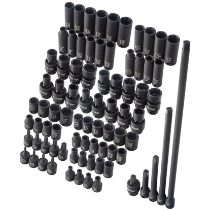 SUNEX Tools 80 Piece 3/8 in. Drive Master Impact Socket Set, Universal, Star, External Star, Extensions, Universal Joint, SAE and Metric, 8mm to 19mm and 5/16 in. to 3/4 in., CR-MO Steel, Model 3580