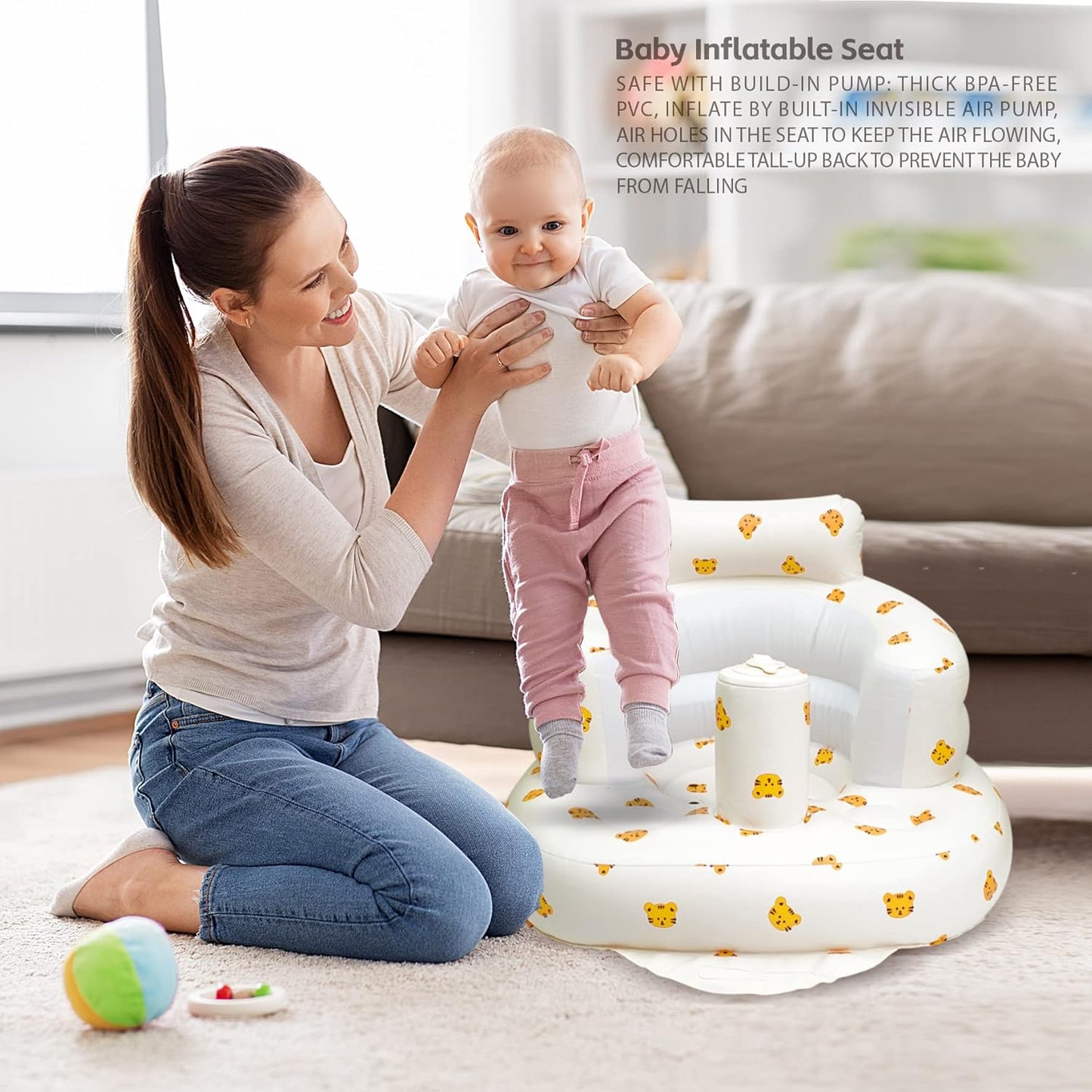 Aufblasbarer Babysitz, aufblasbarer Babystuhl für Babys ab 3 Monaten, aufblasbarer Sommerstuhl mit integrierter Luftpumpe, Baby-Bodensitz zum Sitzenlernen, Spielen, Campen, Orange