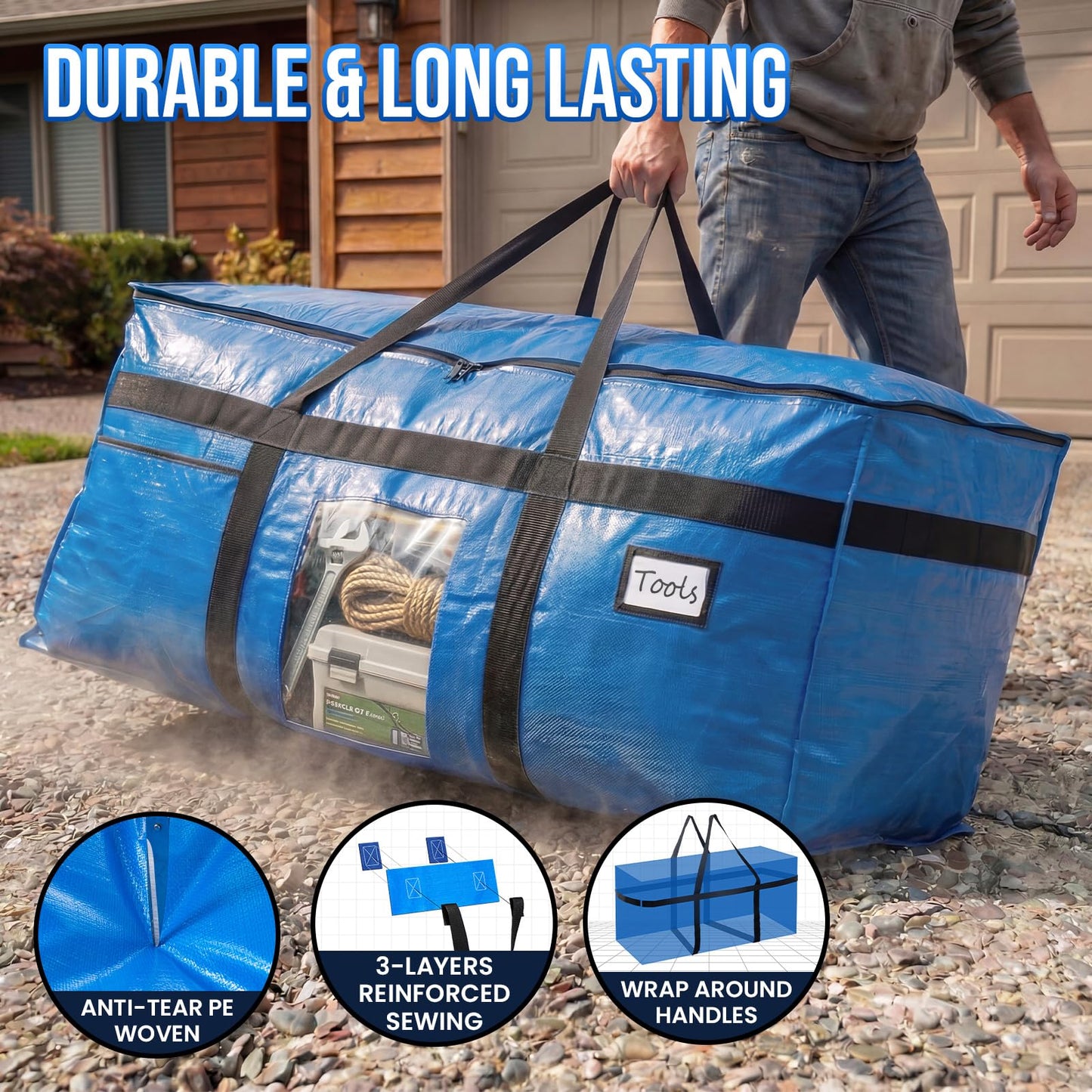 TAILI 69 Gallon Extra Large Storage Bags, XXL Blue Heavy Duty Moving Bags For Storage with Visible Window, Wrap Around Handles, Totes for Space Saving, Alternative to Moving Boxes (2 Pack)