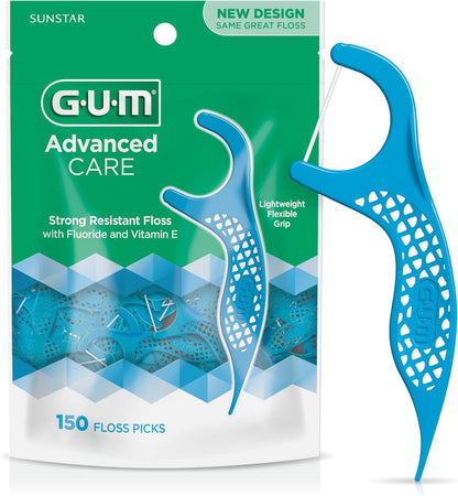 GUM Advanced Care Flosser Picks, Infused with Vitamin E & Fluroide, Fresh Mint Flavour, Blue, 150 Flossers (1 Bag)