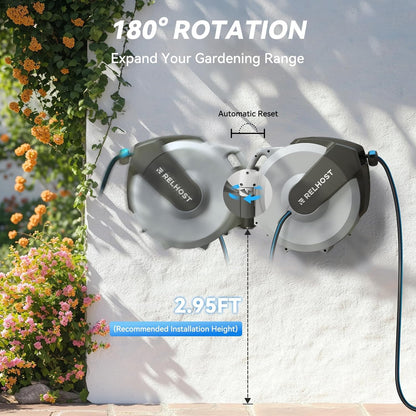 Relhost Retractable Garden Hose Reel, 1/2 in x 120 ft Wall Mount Heavy Duty Hose Reel with Any-Length Lock, Auto Rewind System, 180° Swivel Bracket, and 10-Pattern Nozzle for Garden, Dark Grey