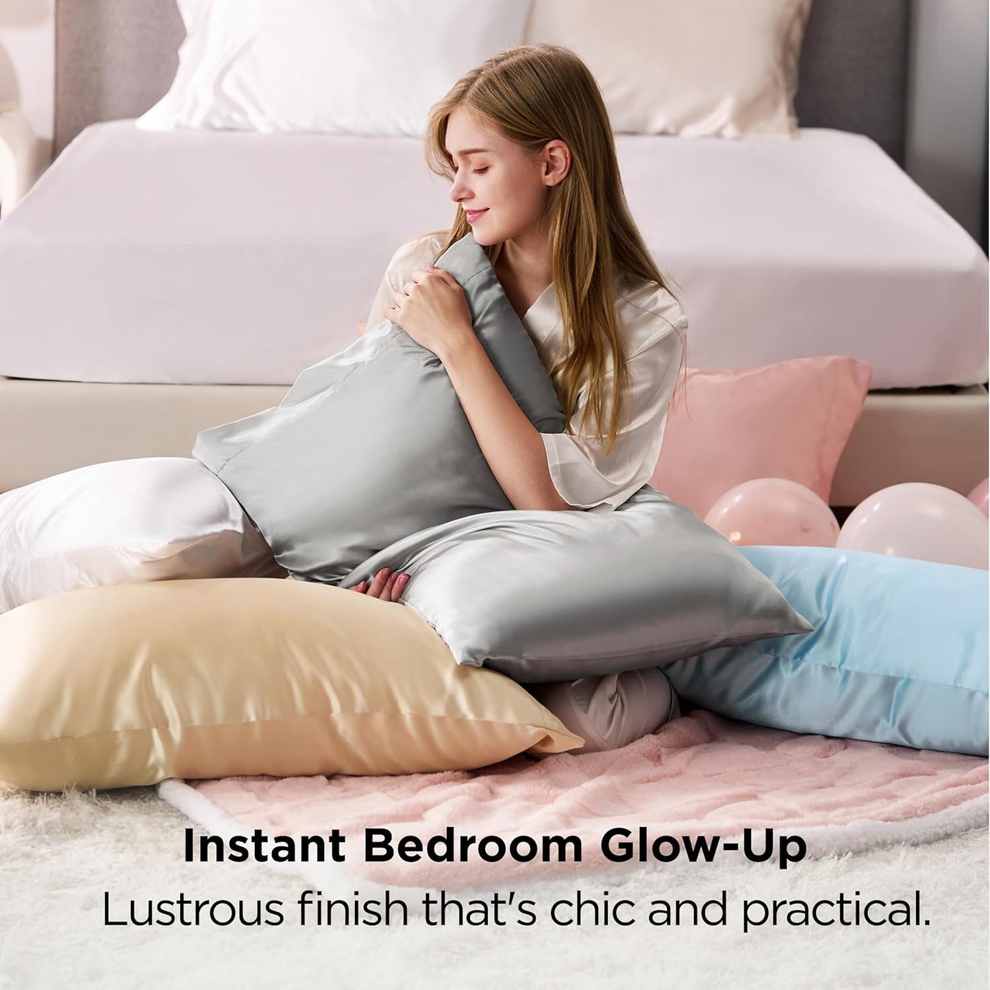 Bedsure Satin-Kissenbezug, Queen-Size, 2er-Pack, Seidenkissenbezügen ähnlich, seidige Kissenhüllen mit Hotelverschluss, Raumdeko, Valentinsgeschenke für Frauen und Männer, Grau, 50x75 cm