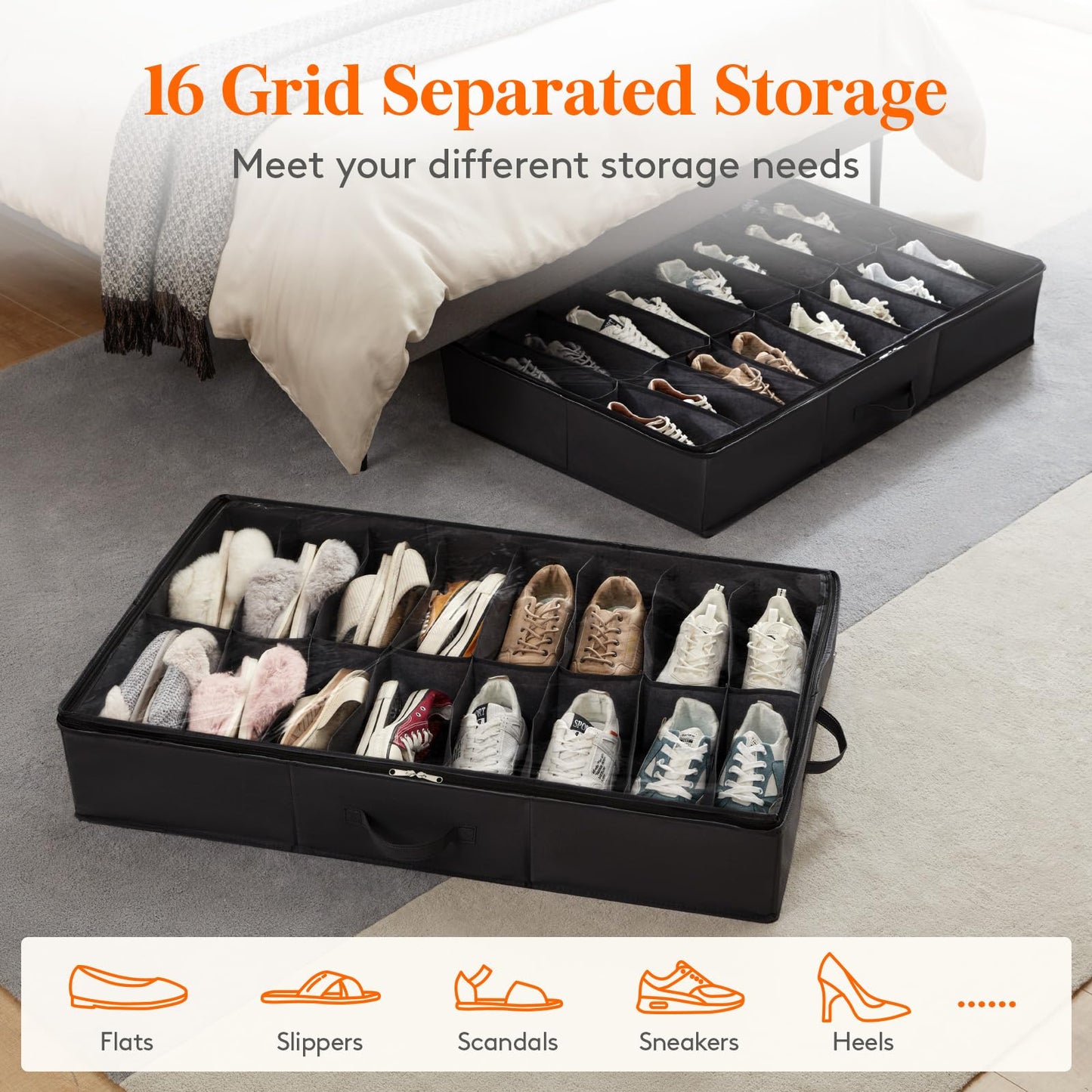 Lifewit Under Bed Shoe Storage Organizer 2 Pack(12 Shoes Cells), 4.3 Inches Profile Fabric Shoes Container Box with Clear Cover, Foldable Storage Bag with 2 Handles, Fits 12 to 24 Pairs