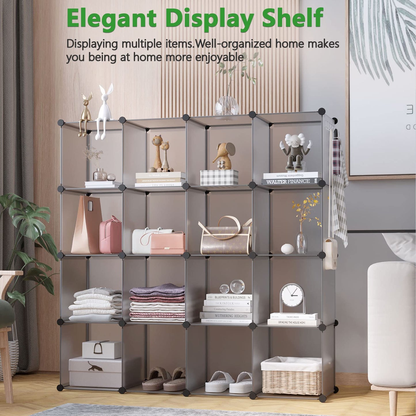 C&AHOME Cube Storage Organizer, 16-Cube Shelves Units, Plastic Storage Cubes, DIY Closet Organizer, Modular Closet Storage Shelves Ideal for Home, Bedroom, 48.4" L × 12.4" W × 48.4" H Black SUM3016H