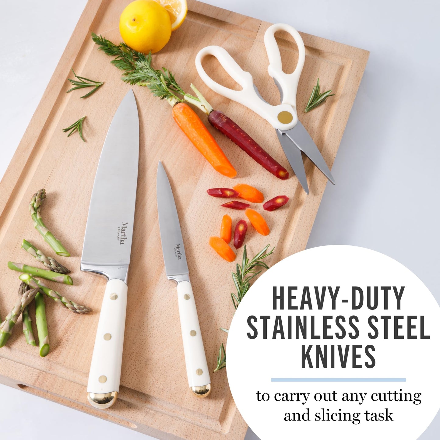 Martha Stewart Knife Block Set 16-Piece - Lockton High Carbon Stainless Steel Forged Full Tang Chef Knives, Acacia Wood Block, Triple Riveted Handles, Linen White & Gold