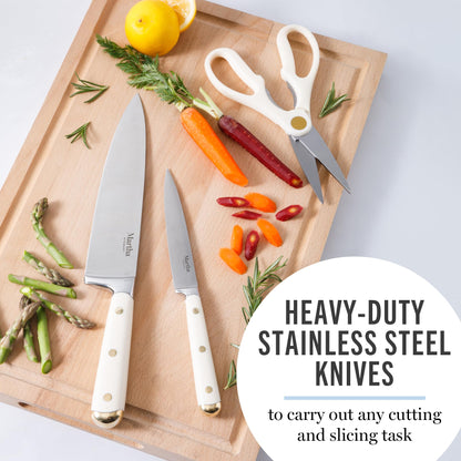 Martha Stewart Knife Block Set 16-Piece - Lockton High Carbon Stainless Steel Forged Full Tang Chef Knives, Acacia Wood Block, Triple Riveted Handles, Linen White & Gold