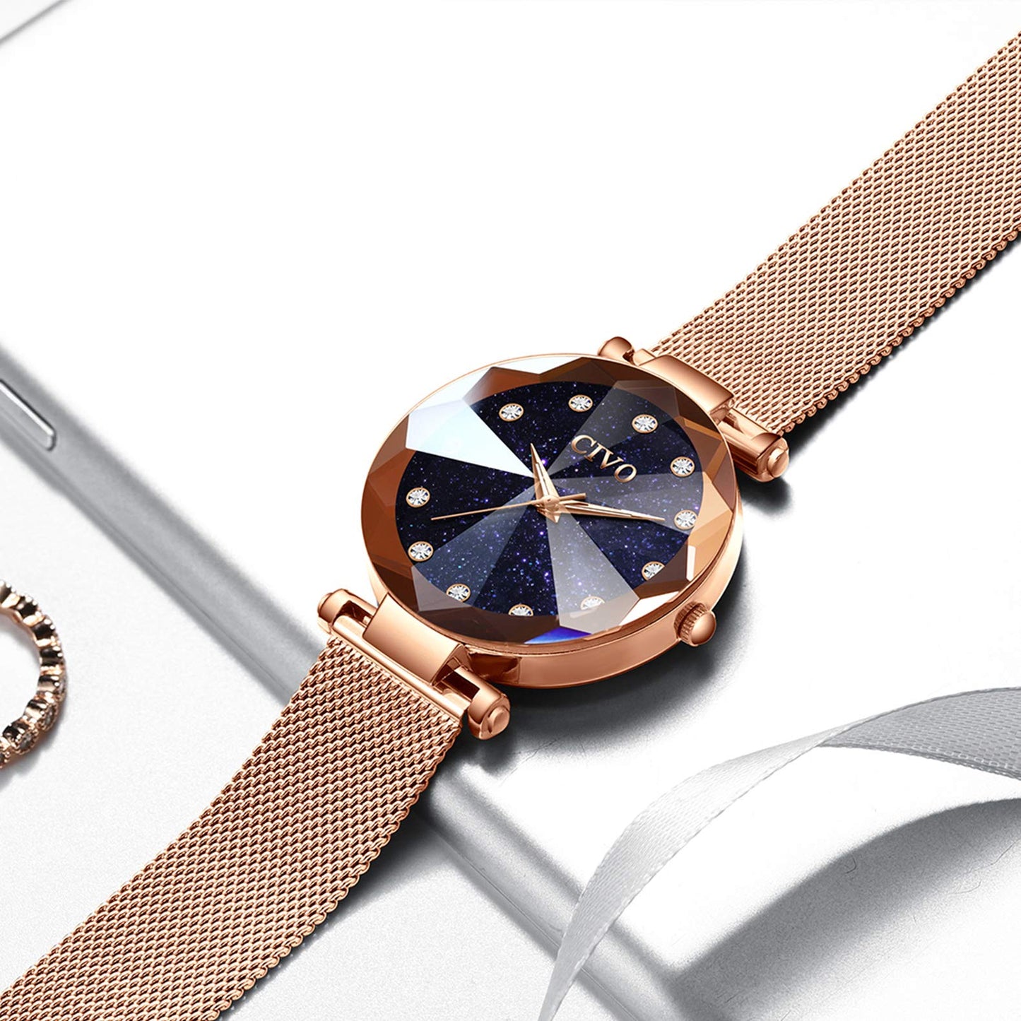 CIVO Damenarmbanduhr, wasserdichte analoge Quarzdameuhr für Damen, Roségold-Mesh-Armband, elegant, luxuriös, Designer-Damenuhr mit Diamant-Zifferblatt