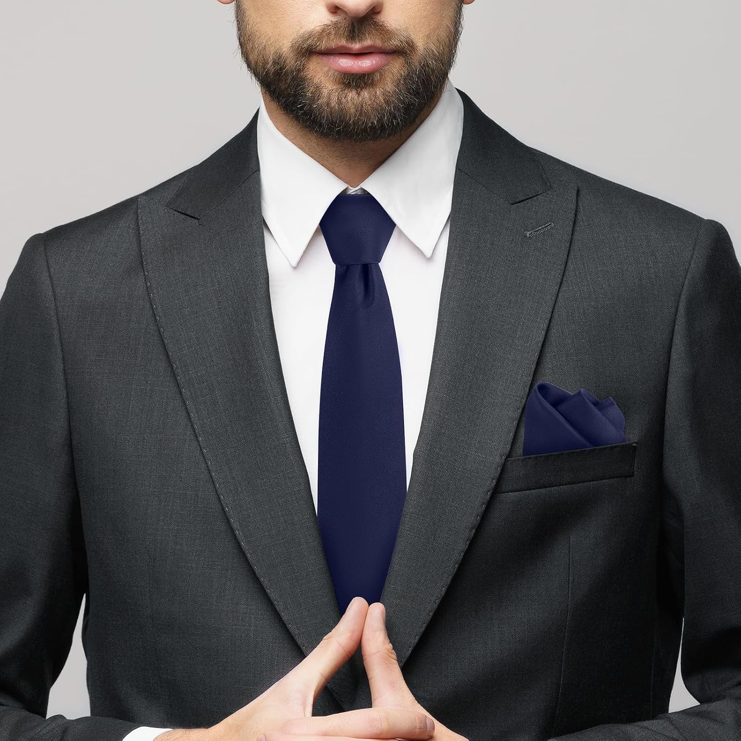 JUNMEISI Black Tie Set in Gift Box Mens Solid Color 3.15" (8CM) Black Necktie and Pocket Square Set