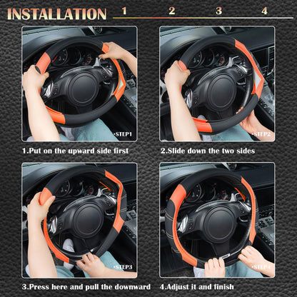 CAR PASS Line Rider Mikrofaser-Leder Sportlicher Lenkradbezug Universal Passend für 95% LKW, SUV, PKW, 36,8-38,1 cm Rutschfest Sicher Bequem Design (Schwarz-Grau)