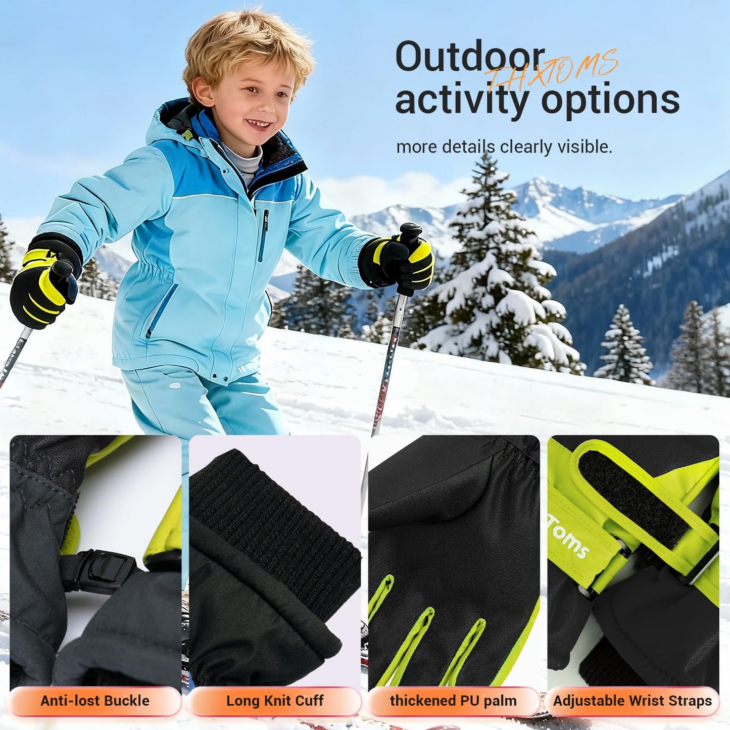 ThxToms Kinder Winterhandschuhe Wasserdichte Ski-Snowboardhandschuhe für Outdoor-Sportarten, Jungen und Mädchen Kaltwetter-Fahrradhandschuhe
