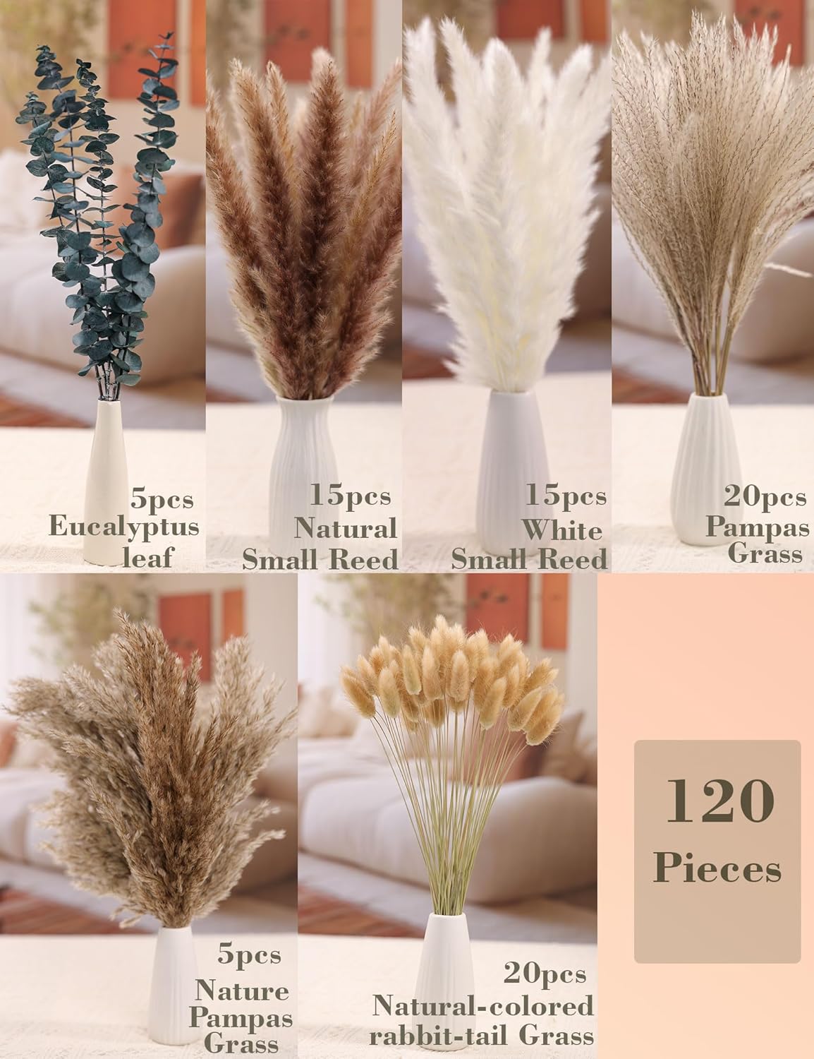 xin's convey 120 PCS Dried Pampas Grass, Dried Flowers, Reed Grass Bouquet