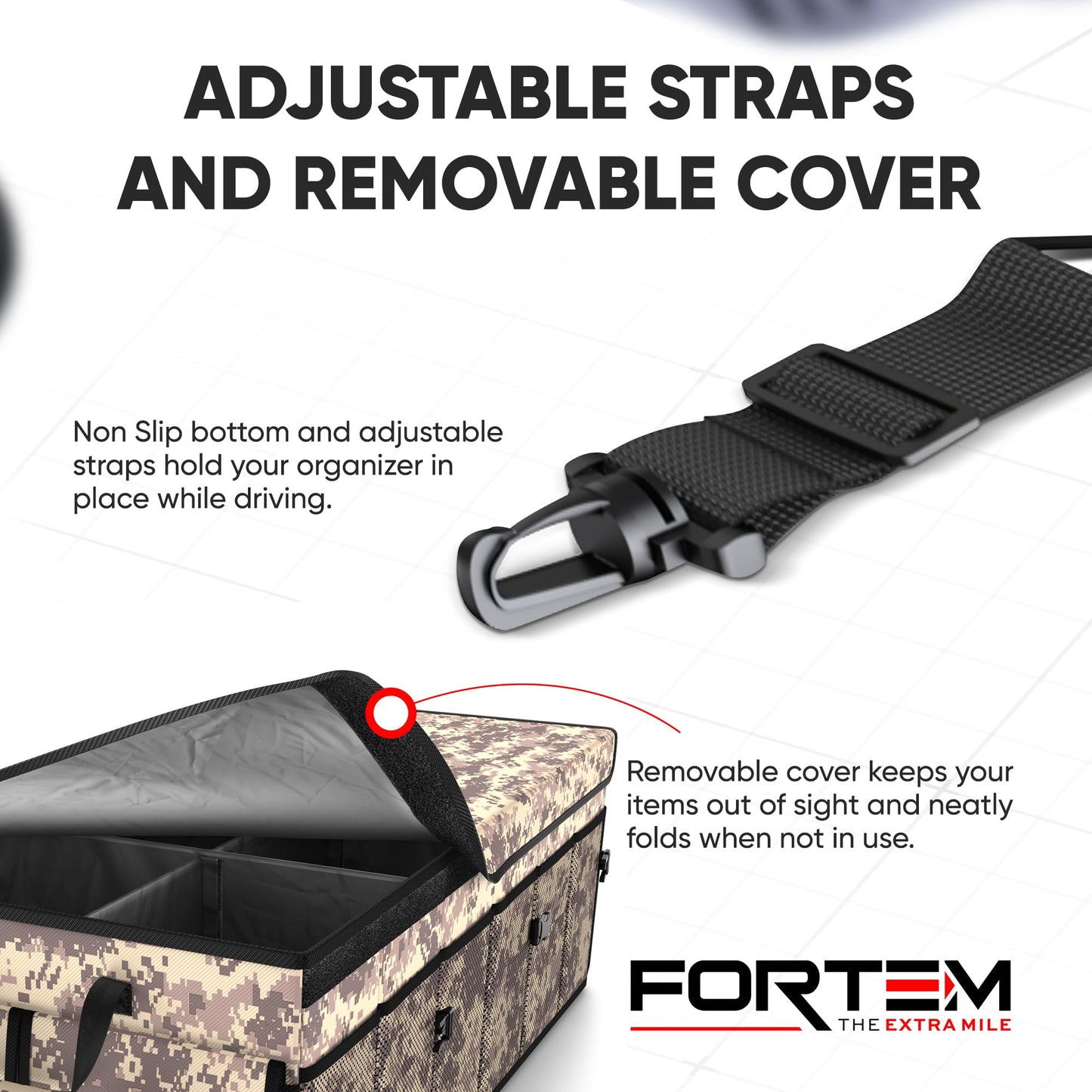 FORTEM Car Trunk Organizer, Collapsible Multi Compartment Car Organizer, Foldable SUV Storage for Car Accessories for Women Men, Non Slip Bottom, Securing Straps, Soft Cover 50L (Black, Standard)