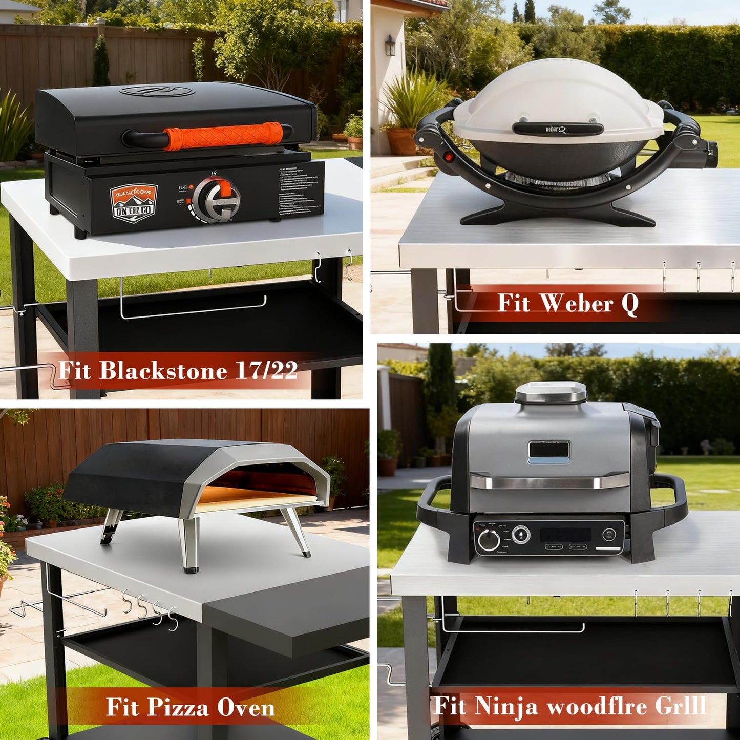 Pizza Oven Table Grill Cart with Topping Station, Grill Table Stand with Wheels for Ninja, Blackstone Griddle, Ooni, Gozney, Cuisinart, Heavy Duty BBQ Prep Cart with Storage Shelf and Hooks