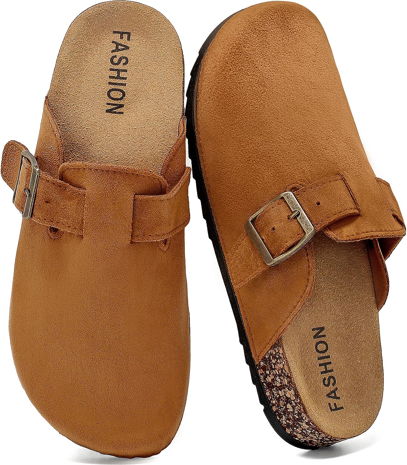 YorFotMae Women's Suede Clogs Mens Leather Mules Comfort Cork Footbed Antislip House Sandals Arch Support Potato Shoes with Adjustable Buckle