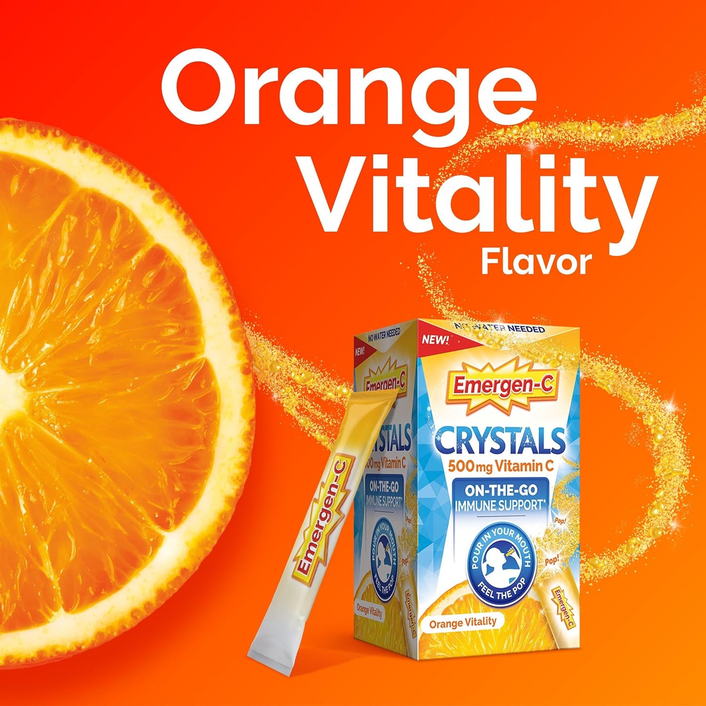 Emergen-C Crystals, On-the-Go Immune Support Supplement with Vitamin C, B Vitamins, Zinc and Manganese, Orange Vitality - 56 Stick Packs (Pack of 6)