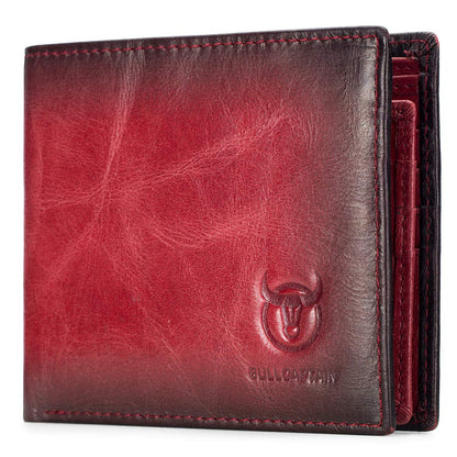 BULLCAPTAIN RFID Wallets for Men Slim Bifold Genuine Leather Front Pocket Wallet with 2 ID Windows QB-05, Brown, Small, Retro