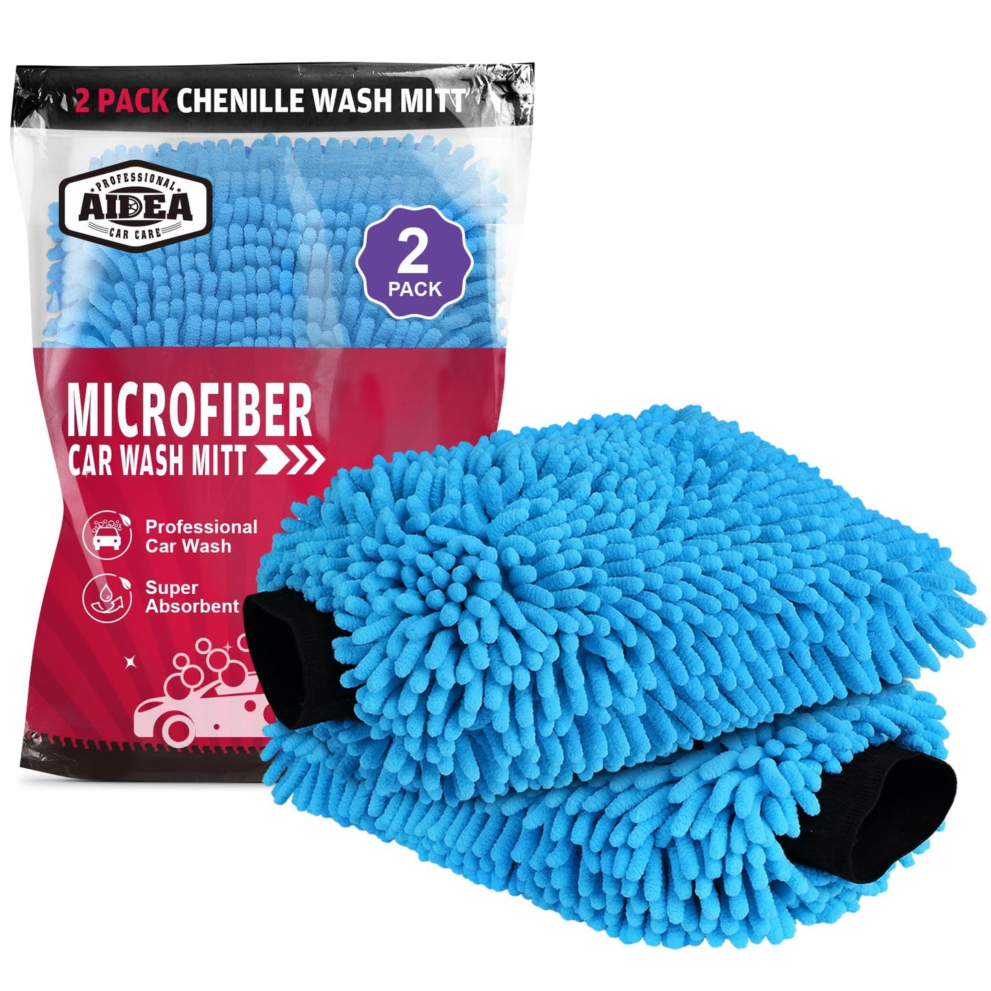 AIDEA Car Wash Mitt Microfiber, 2PK Scratch Free Lint-Free, Premium Chenille Microfiber Mitt Car Wash Brush, Green, Regular Size 7.12''X10.14''