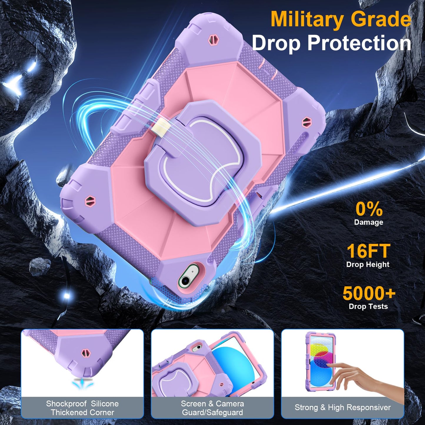 Case for iPad A16 11th Generation 11 Inch 2025, Auorld for iPad 10th Generation 10.9 inch 2022 case with Screen Protector, 360 Degree Rotating Stand Shoulder Strap Pencil Holder, Navy Pink
