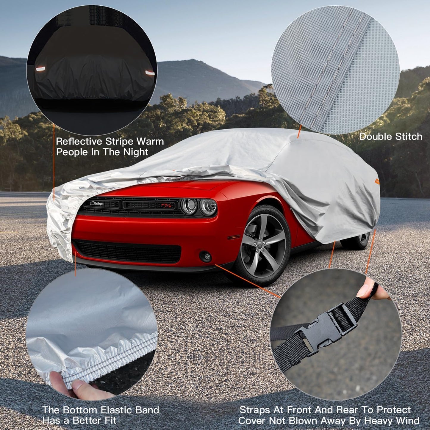 Kayme 6 Lagen Autoabdeckung, maßgeschneidert für Ford Mustang/Shelby (1964-2025), wasserdicht, für jedes Wetter, für Automobile, Outdoor, Vollschutz vor Regen, Sonne, UV-Strahlung. Silber