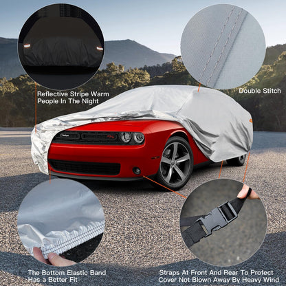 Kayme 6 Lagen Autoabdeckung, maßgeschneidert für Ford Mustang/Shelby (1964-2025), wasserdicht, für jedes Wetter, für Automobile, Outdoor, Vollschutz vor Regen, Sonne, UV-Strahlung. Silber