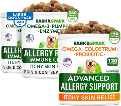 Allergy Relief + Advanced Allergy Bundle - Anti-Itch&Hot Spots + Itchy Skin Relief Pills - Omega 3 + Pumpkin+ Enzymes + Probiotics - Immune Supplement + Anti Itching Licking - 360 Chews - Made in USA